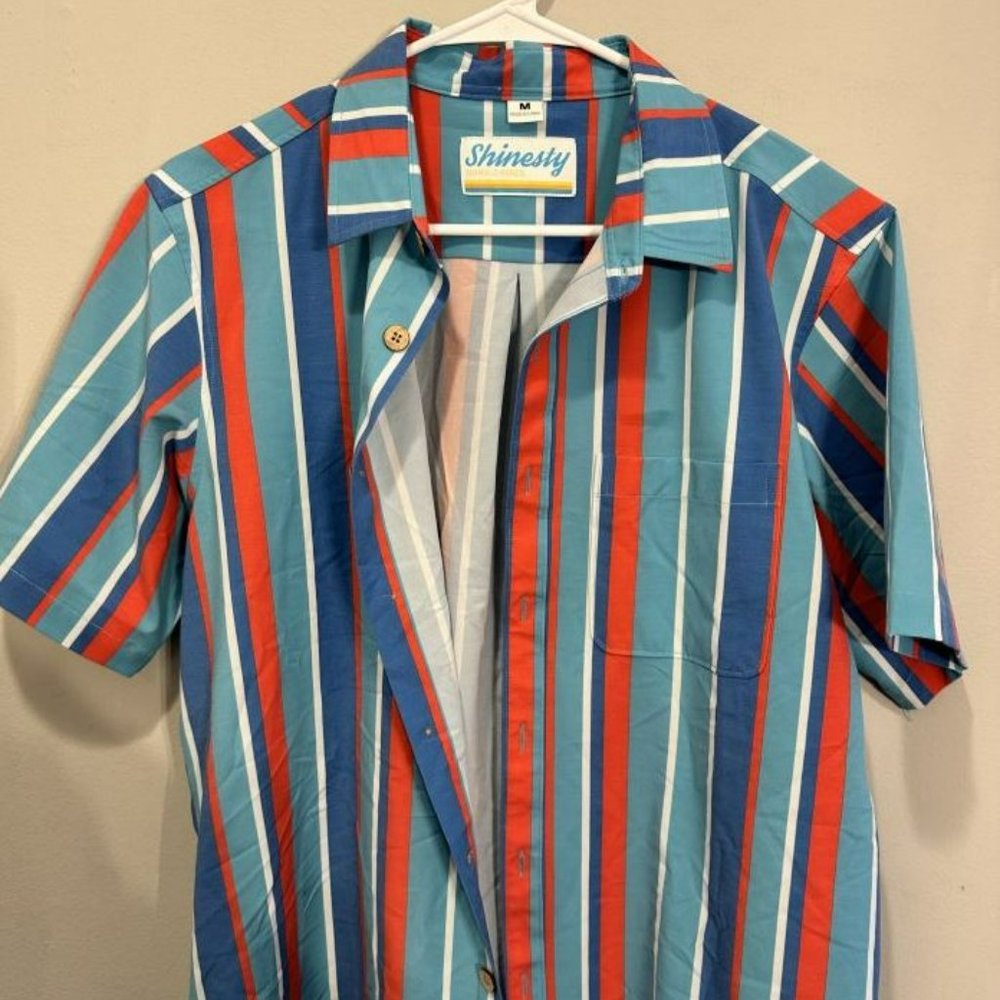 Shinesty Stripped Button Up Red White & Blue Short Sleeve Sz: M w/ Beer Pocket